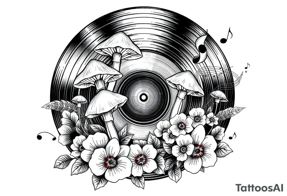 vinyl record with mushrooms, flowers, and music notes tattoo idea