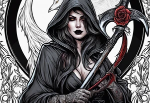 A female werewolf grim reaper holding a scythe tattoo idea