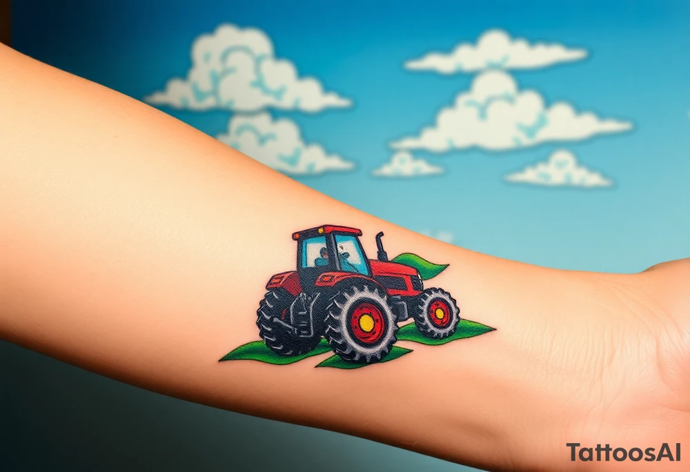 A tractor surrounded by rolling green hills, under a bright blue sky with white fluffy clouds tattoo idea