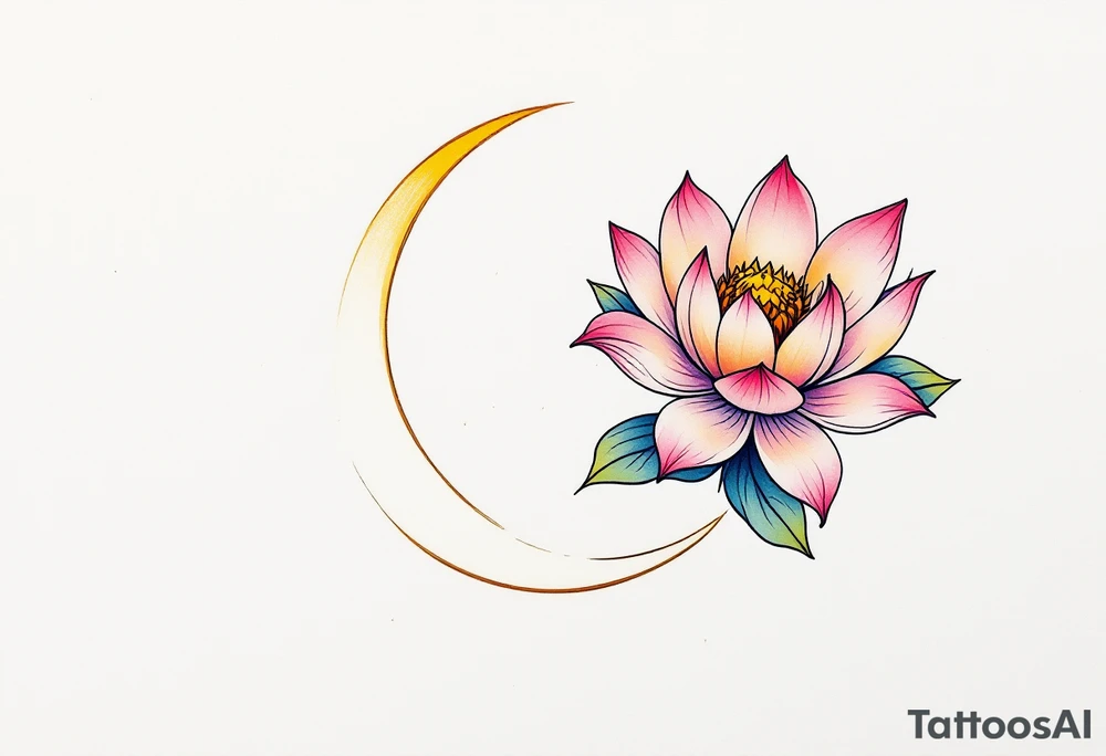 tiny colorful crescent moon with lotus flower tattoo idea