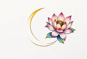 tiny colorful crescent moon with lotus flower tattoo idea