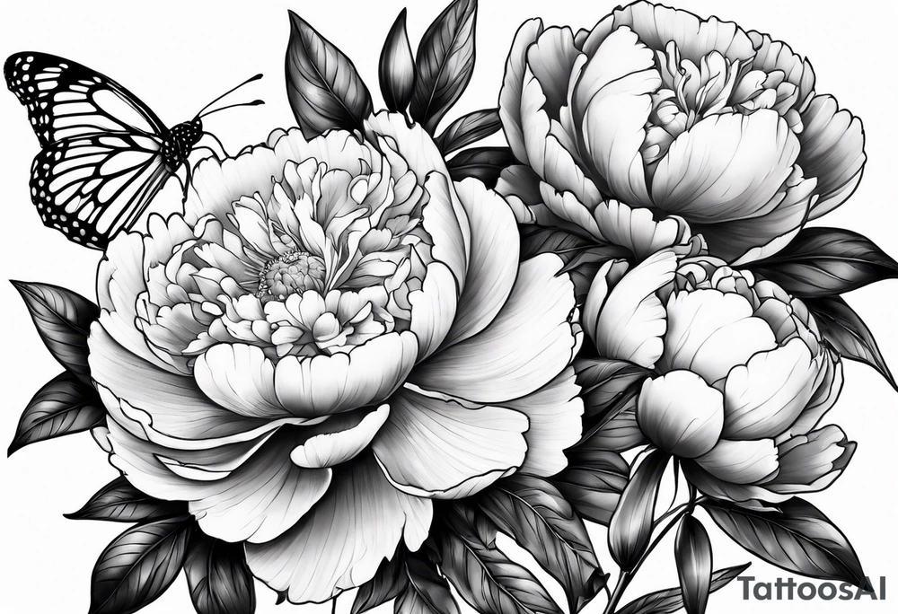 3 peonies with butterfly tattoo idea