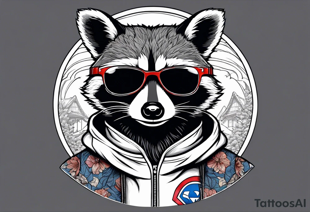 raccoon wearing a Superman hoodie tattoo idea