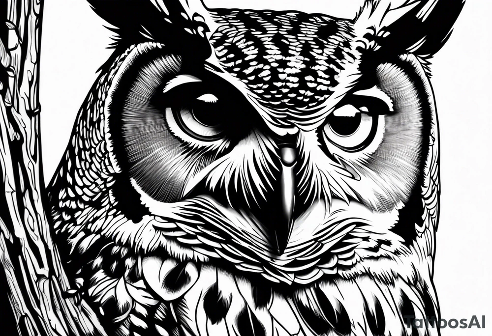 great horned owl in a tree hollow tattoo idea