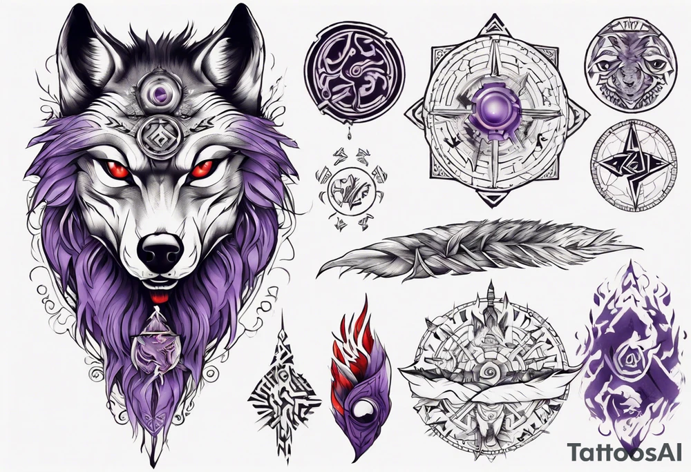 want a half sleeve on my left forearm featuring a wolf with a vegvisir for its purple and red eye, surrounded by Māori patterns and Norse symbols tattoo idea
