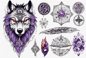 want a half sleeve on my left forearm featuring a wolf with a vegvisir for its purple and red eye, surrounded by Māori patterns and Norse symbols tattoo idea
