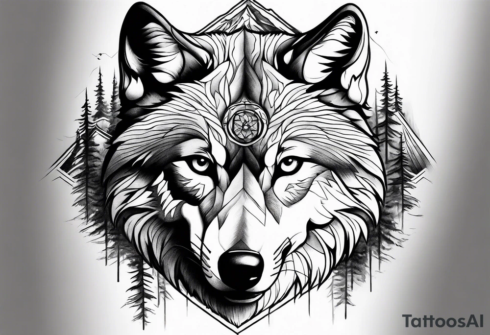 Mountains, wolf eyes underneath tattoo idea