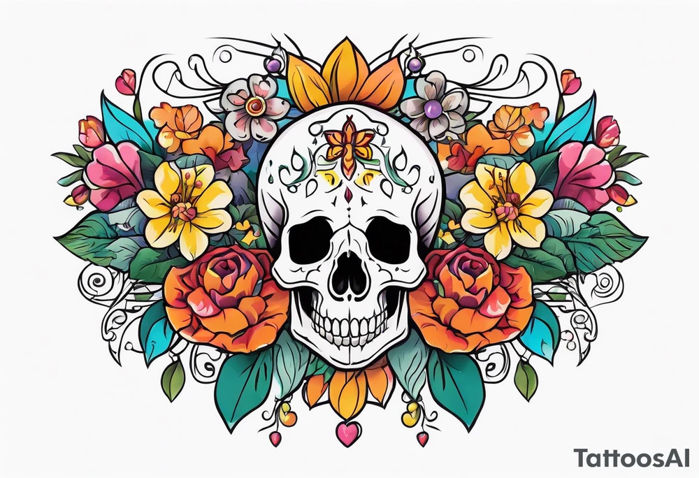 Floral chest piece with animal skull and gems tattoo idea