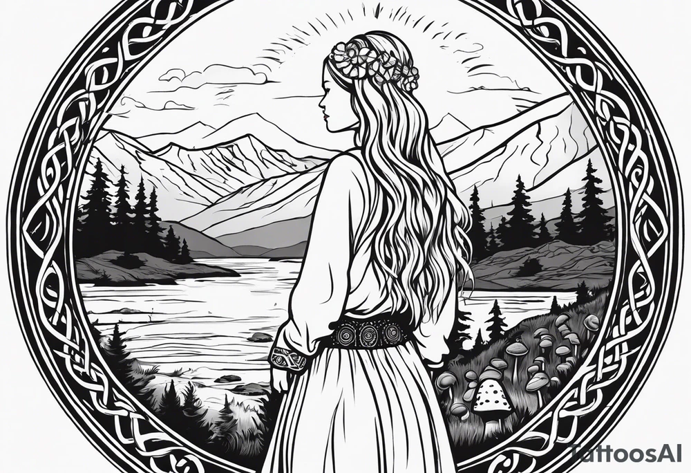 Whole picture encircled fully

Straight long blonde hair hippie girl in distance holding mushrooms in hand facing away toward mountains and creek surrounded by mushrooms long sleeve shirt and hiking pants; whole rendering within a full celtic circle, no cut off circle tattoo idea