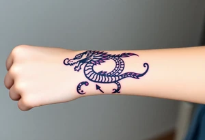 A bracelet wrapped around the arm dragon with purple and red tones, feathers and vines tattoo idea