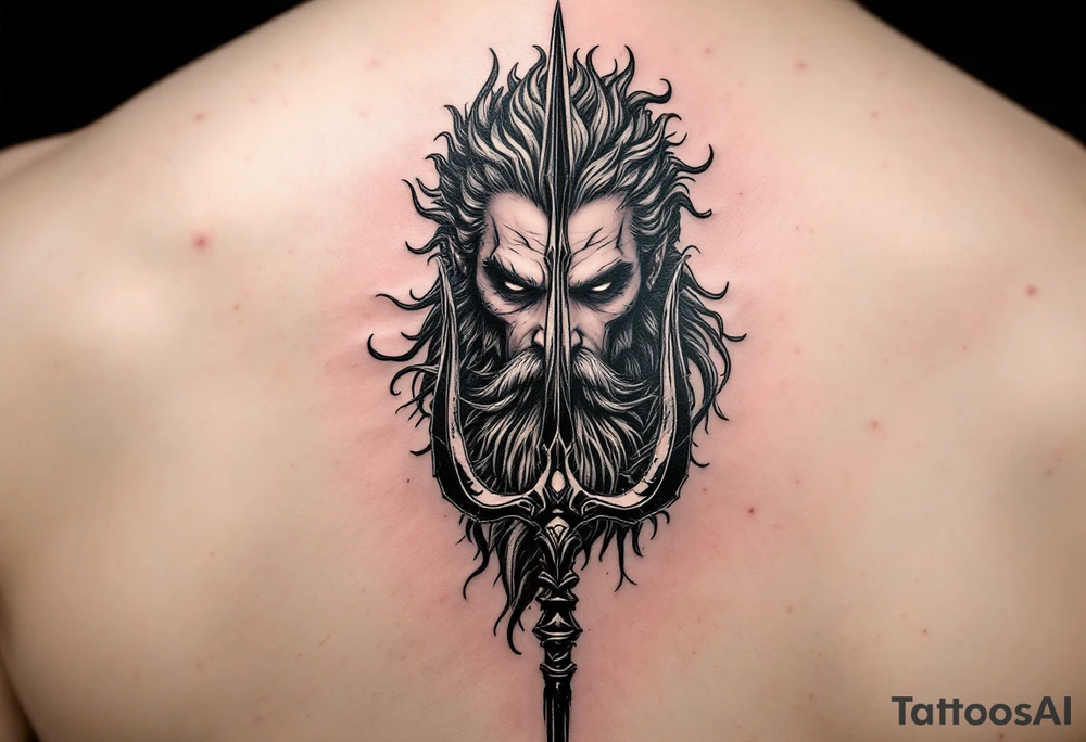 close-up gentle poseidon behind a trident tattoo idea