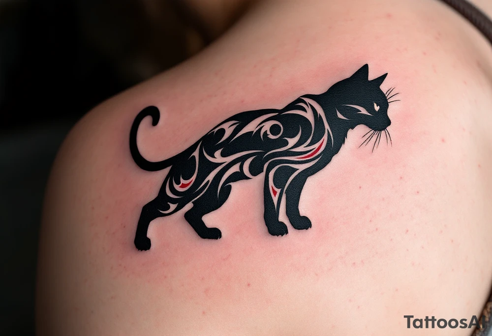 Tribal Cat Silhouette – A sharp-edged black silhouette decorated with tribal-style line work in dark gray or deep red. tattoo idea