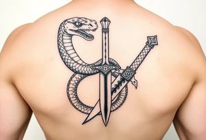 mystical snake coiled around an ancient dagger with jeweled hilt tattoo idea