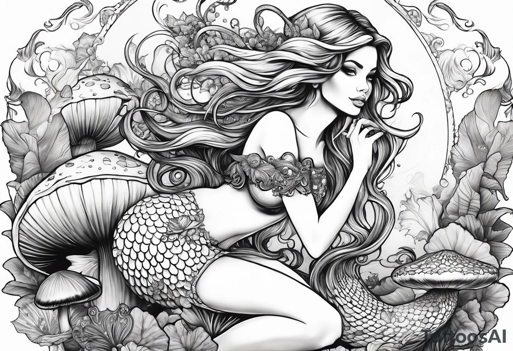 a mermaid sitting on a mushroom looking at a fairy flying tattoo idea