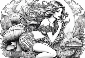 a mermaid sitting on a mushroom looking at a fairy flying tattoo idea