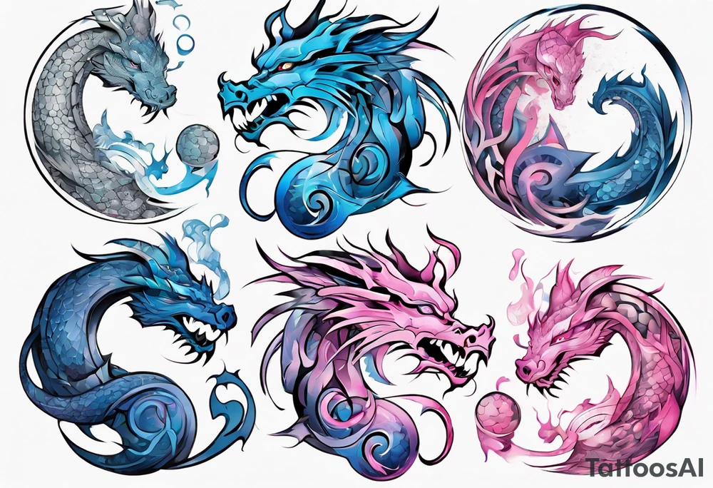 ying yang dragon stones blue & pink tattoo idea