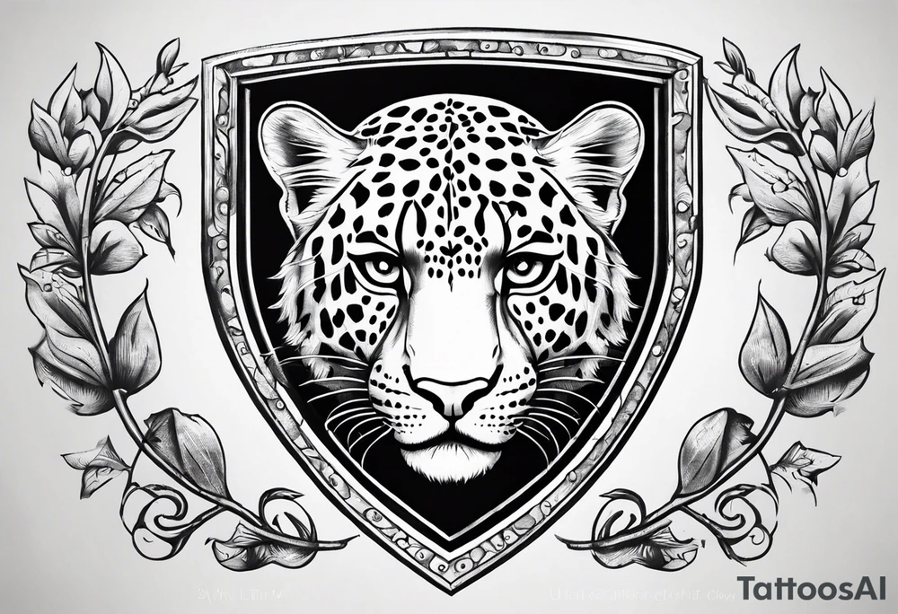 A shield with small leopar head as shield's emblem. The shield would be hang on a ivy planted wall tattoo idea