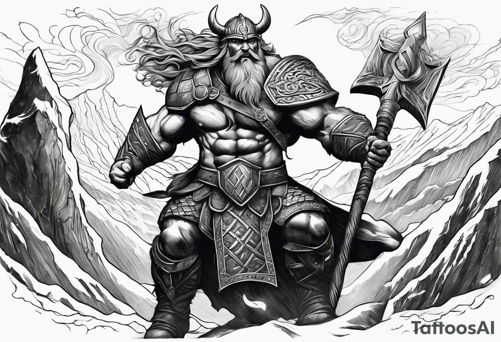 Norse mythology, ultra realism, Viking, war, battle, storm, chaos,  detailed, ragnarok, mountains, frost giant tattoo idea