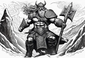 Norse mythology, ultra realism, Viking, war, battle, storm, chaos,  detailed, ragnarok, mountains, frost giant tattoo idea