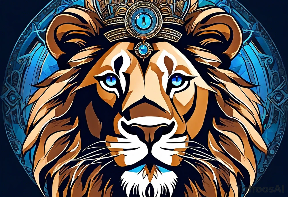 face of a lion with a third eye. Left eye blue, right eye brown. The third eye on the forehead is abstract. Around the muzzle there is a compass bezel tattoo idea