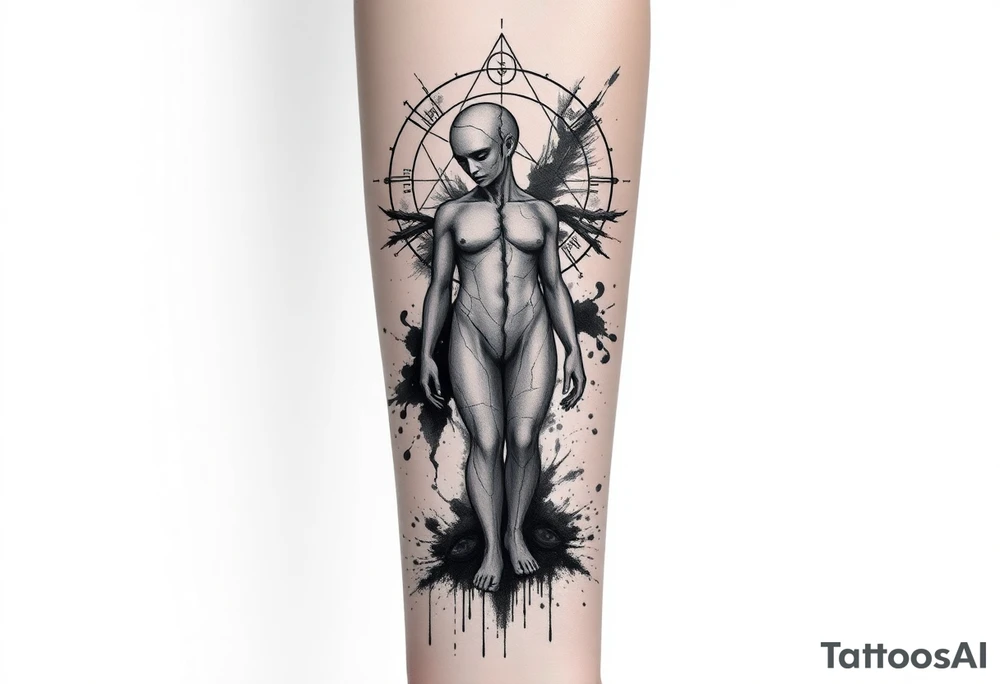 Vertical forearm tattoo design, tall and narrow composition fitting the shape of the forearm, dark surrealism and mythological symbolism. Statue-like fragmented humanoid figure with broken marble texture, distorted or incomplete anatomy, partially dissolving into black ink splashes, smoke, and thin geometric lines. Surrounded by sacred geometry circles, occult and alchemical symbols, surreal dripping eyes, and abstract fragments. Fine line tattoo style mixed with etching and engraving texture, high contrast, clean outlines, minimal background. Designed for forearm placement and easy extension into a full sleeve. No bodybuilding aesthetic, no fitness-style anatomy — focus on surreal atmosphere, mysterious symbolism, and artistic detail. tattoo idea