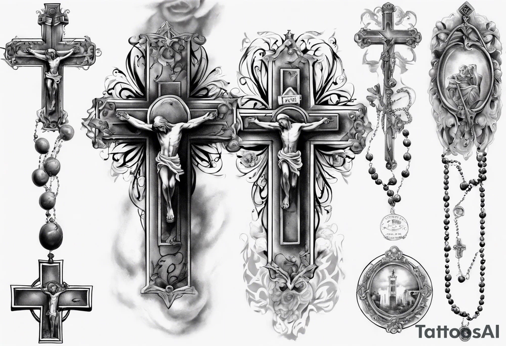 men’s arm sleeve, rosary, the name Peters, 1997, cross tattoo idea
