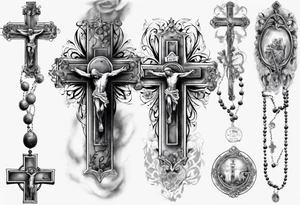 men’s arm sleeve, rosary, the name Peters, 1997, cross tattoo idea