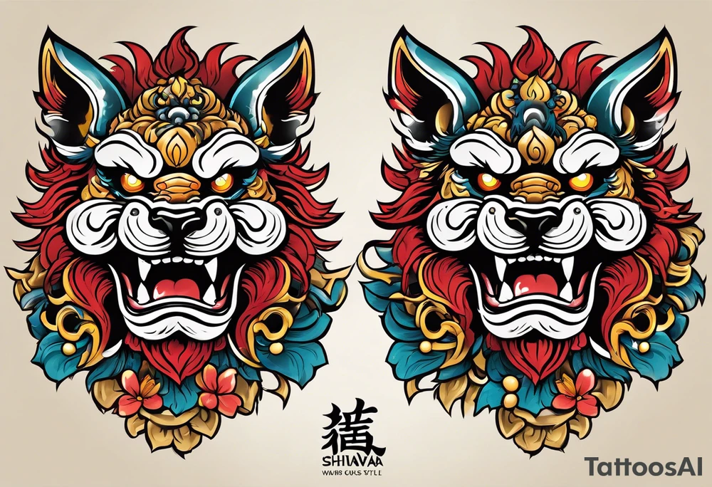 Okinawa style pair of shisa dogs, one with open mouth, one with closed mouth, chest/pecs, Yakuza style, old school tattoo idea