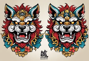 Okinawa style pair of shisa dogs, one with open mouth, one with closed mouth, chest/pecs, Yakuza style, old school tattoo idea