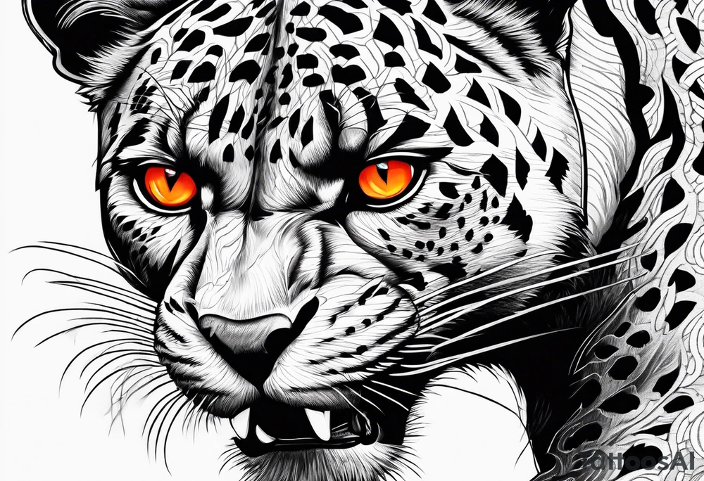 Angry panther facing slightly left with red-orange eyes tattoo idea