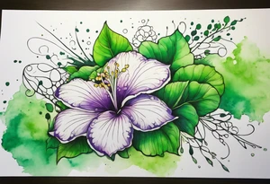 An outline of an only green rio dipladenia flower and a green and purple watercolor splash in the background tattoo idea