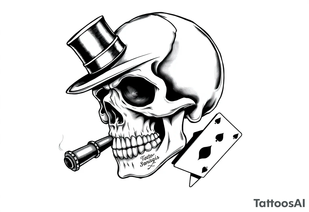 skull with mustache, cigar in his mouth,top-hat on his head and playing cards in his hand. tattoo idea