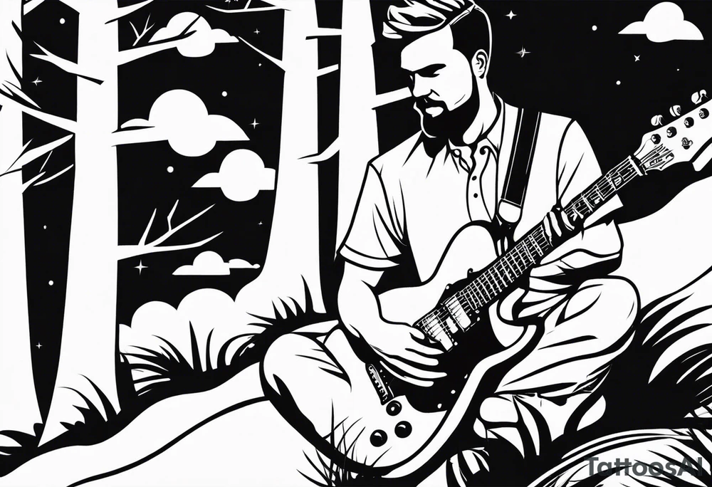 silhouette of a man playing electric guitar while sitting in a pine tree. super simple sketch tattoo idea