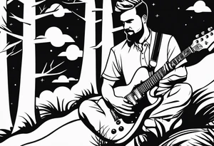 silhouette of a man playing electric guitar while sitting in a pine tree. super simple sketch tattoo idea