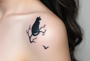 a cats sillhouette siting on a tree in the moon light tattoo idea