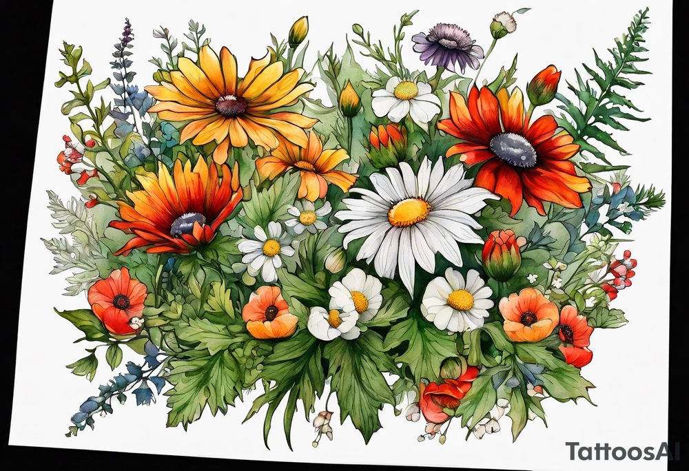 simple wildflowers cascading with thistles, ferns, white anemones, sun flowers, red flowers, green flowers, buttercups, orange flowers, babys breath and daisies all in watercolor tattoo idea