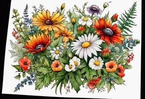 simple wildflowers cascading with thistles, ferns, white anemones, sun flowers, red flowers, green flowers, buttercups, orange flowers, babys breath and daisies all in watercolor tattoo idea