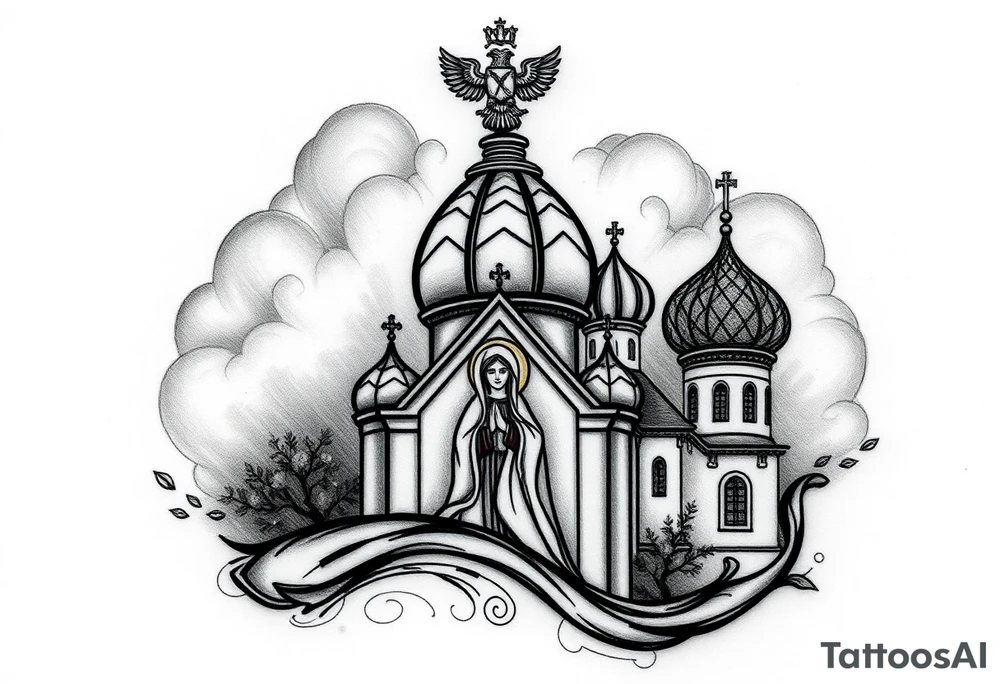 Flowing Scene

A onion domes orthodox church
Virgin Mary in prayer pose wrapping around the lower neck curve
A small double headed russian coat of arms eagle or just the star tucked above the dome near the hairline tattoo idea