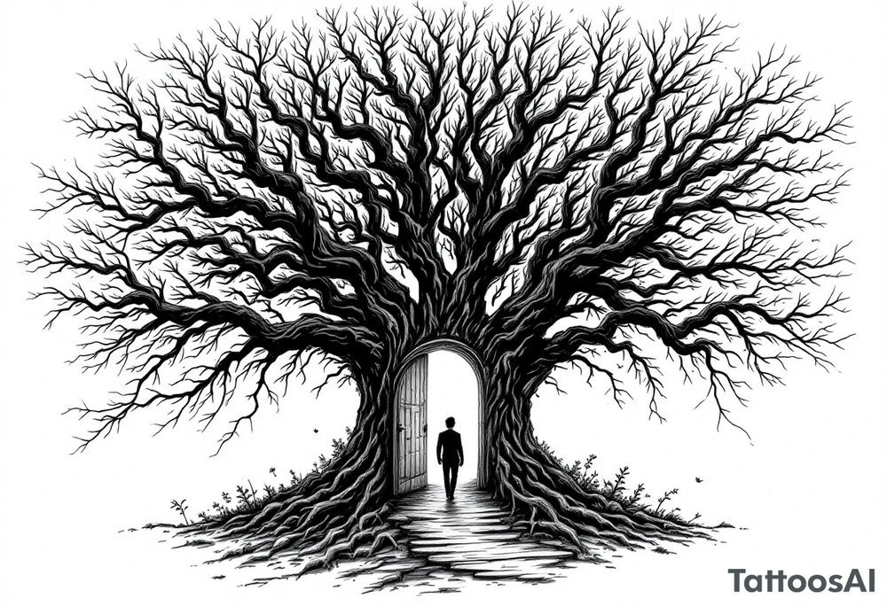 Back tattoo of a big tree with a door and a man walking through the door. On the left draw some fire clouds connecting to the tree, make it a lot. On the right side draw some lines on a treasure map connecting to the tree. Keep the tree in the middle! tattoo idea
