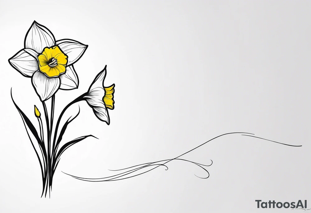 A minimalist tattoo design: Two daffodil flowers drawn with yellow lines, both blossoming from a single stem. The stem of the daffodils extends downward and is designed to form the word ‘muadil’ in cursive handwriting, so that the stem and the writing appear as a unified whole tattoo idea