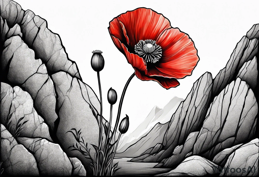 Lone poppy growing out of boulder tattoo idea