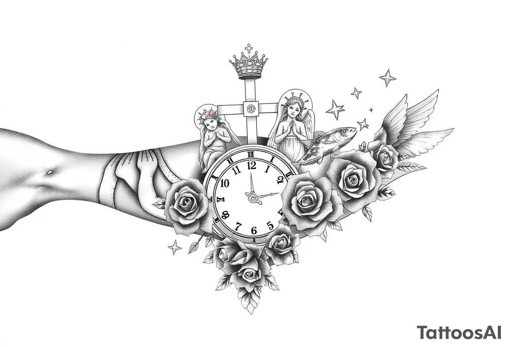 Roulette casino and princess and jesus on cross, baby angels, roses and clock and stars and fish, crown tattoo idea