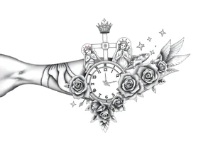 Roulette casino and princess and jesus on cross, baby angels, roses and clock and stars and fish, crown tattoo idea