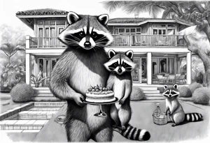 Raccoon Family in Front of her New villa with Pool.
The Husband hast Tools in His Hands.
The wife holds a cake.
The Childs plays with a ball tattoo idea