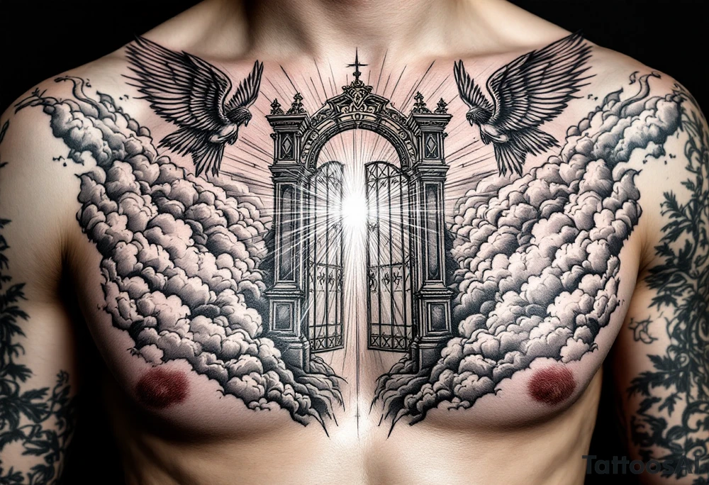 gates of heaven surrounded by angels clouds and rays of light tattoo idea