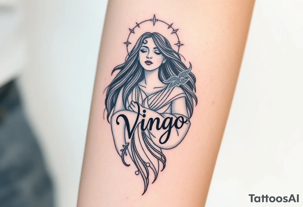 A celestial woman with glowing silver robe on her skin with word virgo tattoo idea