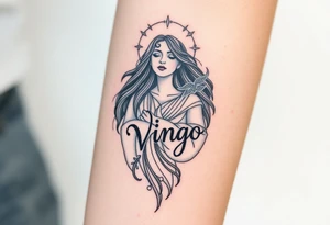 A celestial woman with glowing silver robe on her skin with word virgo tattoo idea