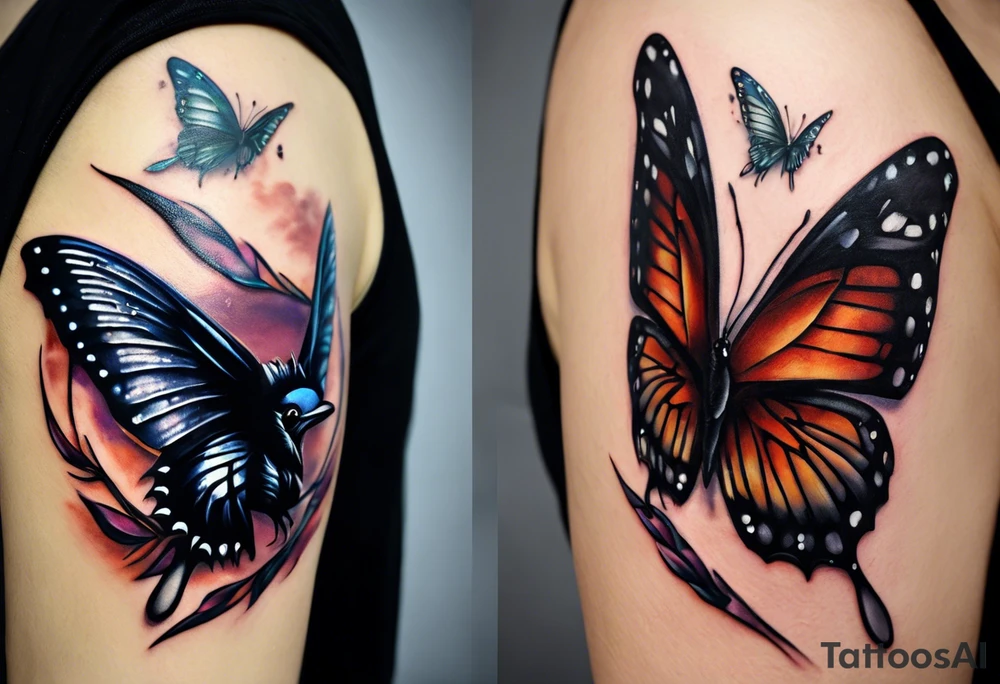 A butterfly flies. Below the butterfly, a raven flies.
The butterfly and the raven are the same size
In the background is the name Malia.
In the background is the name SKF.
The number 89 can be seen in the background.
There is also a scorpion in the wing of the butterfly.
This tattoo is black and white and on the arm. tattoo idea
