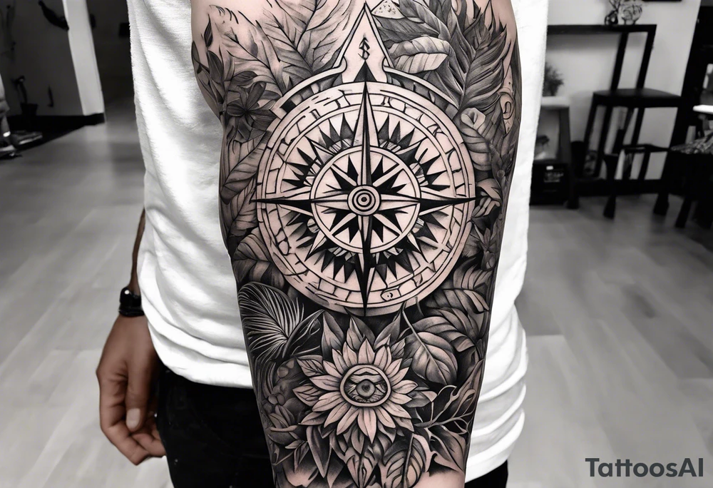 full arm sleeve tattoo with Viking compass and all-seeing eye surrounded by jungle plants tattoo idea