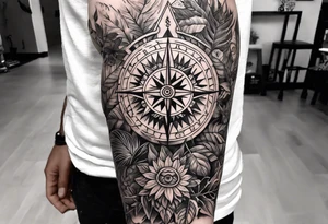 full arm sleeve tattoo with Viking compass and all-seeing eye surrounded by jungle plants tattoo idea